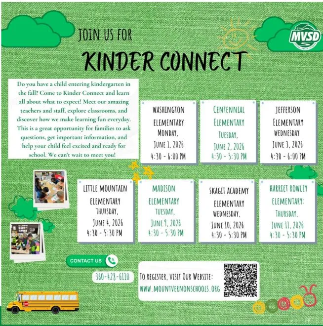 Join us for Kinder Connect flyer with the schedule for each school